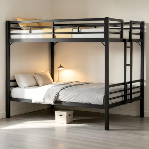 PVWIIK King Over King Metal Bunk Bed with Guardrails,Ladder,Black