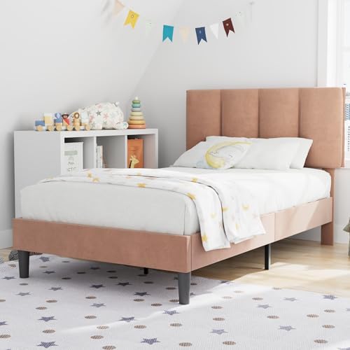 VECELO Twin Size Bed Frame with Upholstered Headboard, Coffee