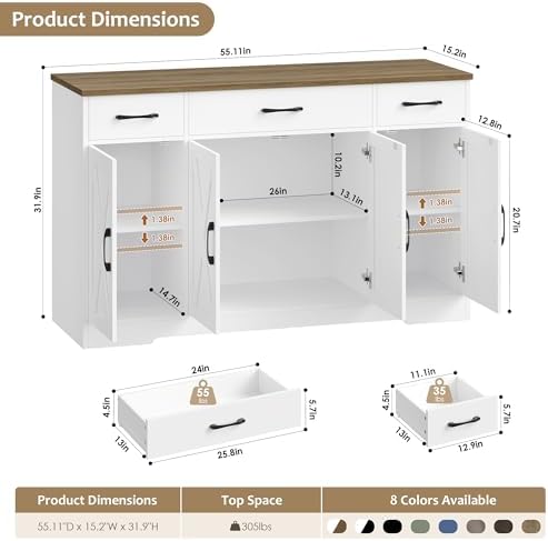 HOSTACK Kitchen Buffet Sideboard Storage Cabinet, Coffee Bar Cabinet, White