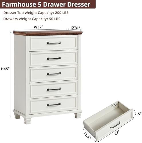 SAVOR LIFE Farmhouse 5 Drawer Dresser for Bedroom, White