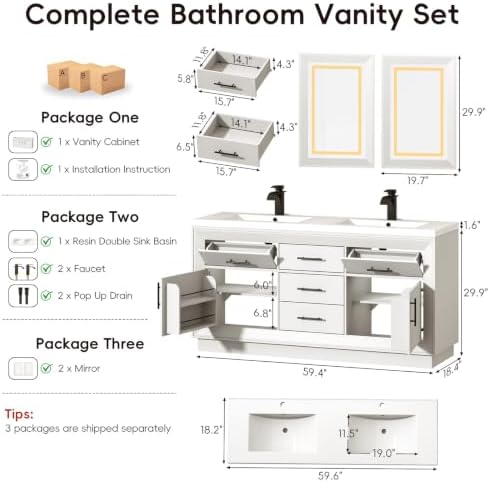 St.Mandyu 60" Bathroom Vanity w/Sink & LED Mirror & Faucet,Modern Bathroom Vanities Set w/ 3-Color Lighting, Curved Splash-Reducing Basin, Bath Vanity w/Large Storage Cabinet&Drawers,White