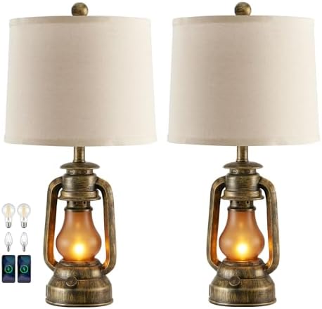 Set of 2 Farmhouse Lantern Table Lamps for Living Room with 2 USB Charging Ports, Rustic Vintage Nightstand Lamps with Nightlight for Bedroom End Table Entryway, 4 Bulb Included