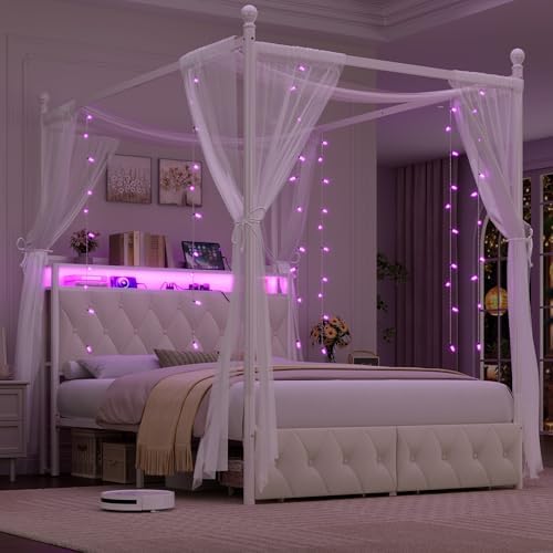 HIFIT Full Size LED Canopy Bed Frame with Storage & Charging Station, Beige