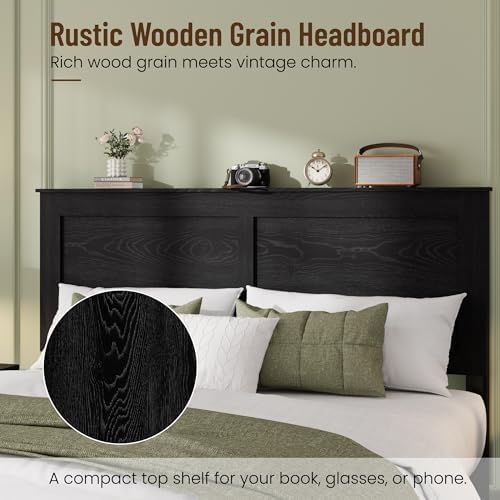 Queen Size Black Farmhouse Wood Bed Frame with Panel Headboard