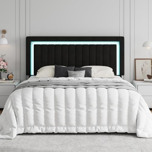 SHA CERLIN King Size Velvet Bed Frame with LED Light, Black