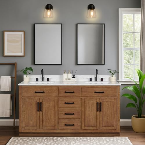 66-inch Dark Walnut Bathroom Vanity with 2 Sinks, Solid Wood, 0.79-inch Stone Countertop and Backsplash, 6 Drawers, 4 Soft Closing Doors