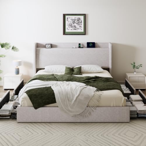 SHA CERLIN King Size Storage Bed Frame with 4 Oversized Drawers, Modern Wingback Headboard with Storage Shelf & Charging Station, No Box Spring Needed, Easy Assembly, Light Beige