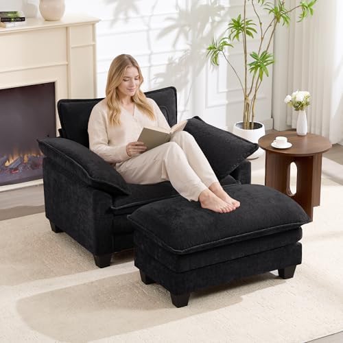 Oversized Accent Chair with Ottoman Set of 2,44"Chenille Cloud Sofa Chair with Deep Seat,Upholstered Armchair with Extra Thick,Modern Comfy Reading Chairs for Living Room Bedroom Apartment Black