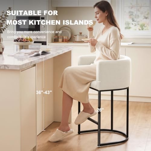26" H Counter Height Bar Stools Set of 1, Modern Barrel Counter Stools with Backrest and Arms, Linen Fabric Upholstered Accent Barstools for Kitchen Island,Support 450 LBS (White)