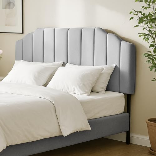Upholstered Headboard for Full/Queen Beds - Arched Headboard & Bed Frame Mount, Adjustable Height, Velvet Tufted Modern Vertical Channel Design (Gray, Queen (U.S. Standard))