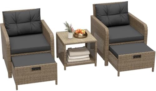 LHBcraft 5 Piece Patio Furniture Set, PE Wicker Outdoor Furniture Set with Soft Cushions & Coffee Table, Outdoor Lounge Chairs with Ottoman for Porch, Lawn, Balcony, Beige-Black