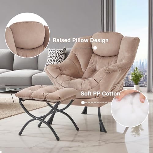 Tiita Lazy Chair with Ottoman, Comfy Reading Accent Chair, Velvet Khaki