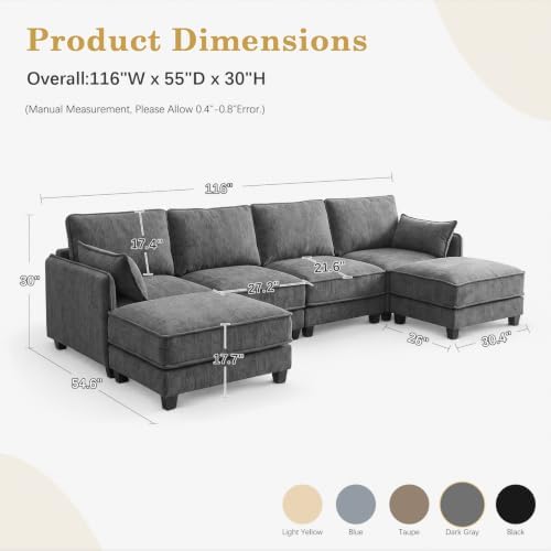 Modular Sectional U Shaped Couch, 116" Cloud Sofa for Living Room