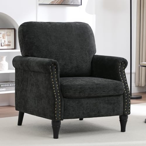 Accent Chair for Living Room, Modern Mid Century Reading Chair Armchair High Back Upholstered Armchair with Wooden Legs for Living Room Bedroom Office (Black, 1pcs)