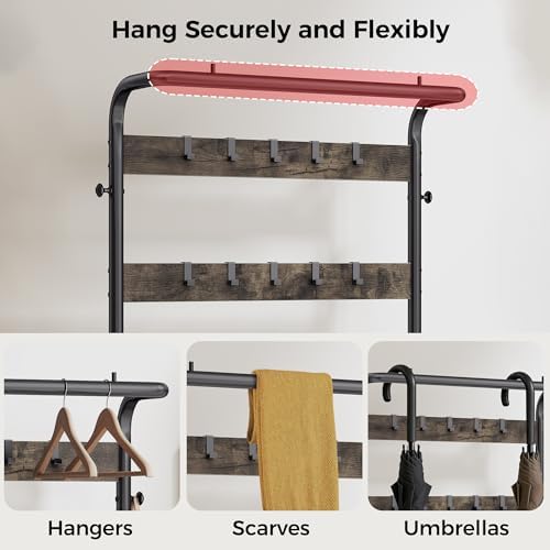 NEWBULIG Coat Rack, Hall Tree with Shoe Bench, 4-in-1 Entryway Organizer with 10 Hooks and Storage Shelf, Rustic Wood Entryway Bench for Mudroom, Living Room, Bedroom, Grey