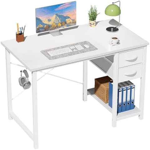 Sweetcrispy 40-Inch Computer Desk with Drawers, Office Desk, White