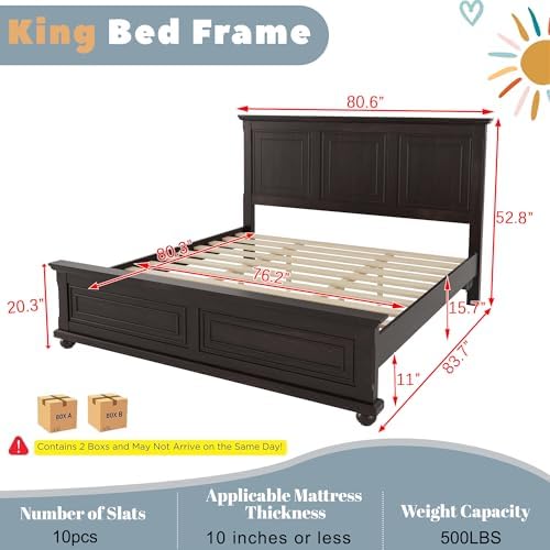 Wood Bed Frame King with Tall Headboard & Footboard, Traditional King Panel Bed with USB Charging Station for Bedroom, Guest Room, Easy Assembly, No Box Spring Required,Brown