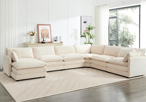 ROWHY 150'' Modular Sectional Cloud Couch, 7 Seater Corner Sofa Big Comfy Corduroy V Shaped Couch with 4 Throw Pillows, Convertible Chaise, Ottoman, Couches for Living Room Office Beige