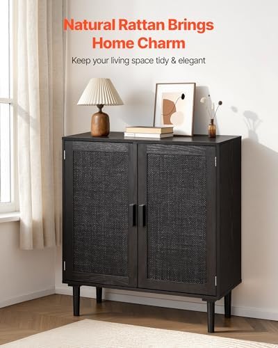 VEVOR Buffet Cabinet, Rattan Sideboard Cabinet with 2 Magnetic Doors and Adjustable Shelves, Accent Sideboard Buffet with Wooden Legs & Power Cord Hole for Hallway, Entryway, Kitchen, Black