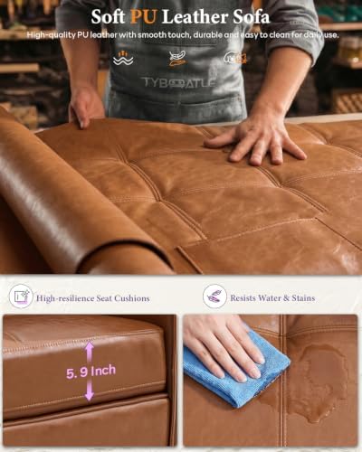 TYBOATLE Brown Sofa Couch Sectional Couches for Living Room, Comfy Faux Leather Modular Convertible L Shaped Sofas with USB & Ottoman, Leather Sectional with Side Pockets for RV Apartment Office