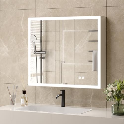 VINGLI Lighted Medicine Cabinet with Mirror Bathroom Mirror Medicine Cabinet Wall Mounted with Storage LED Lights Charging Station Defogger Modern Bathroom Mirrors for over Sink with Storage (32"*28")