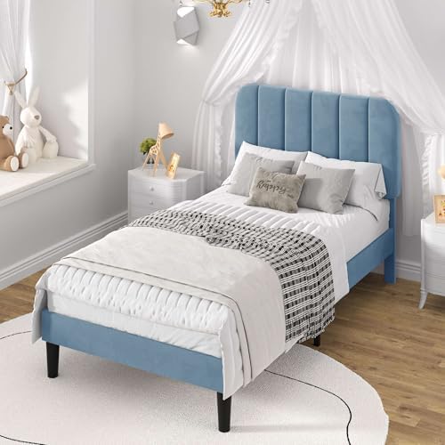 VECELO Twin Size Bed Frame with Upholstered Headboard, Velvet Platform Bedframe Mattress Foundation, Strong Wood Slat Support, No Box Spring Needed,Sky Blue