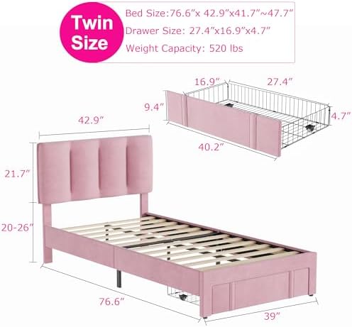 VECELO Twin Size Bed Frame with Storage Drawer, Heavy-Duty Bedframe with Tufted Headboard & Wooden Slats & Steel Framework, No Box Spring Needed, Pink
