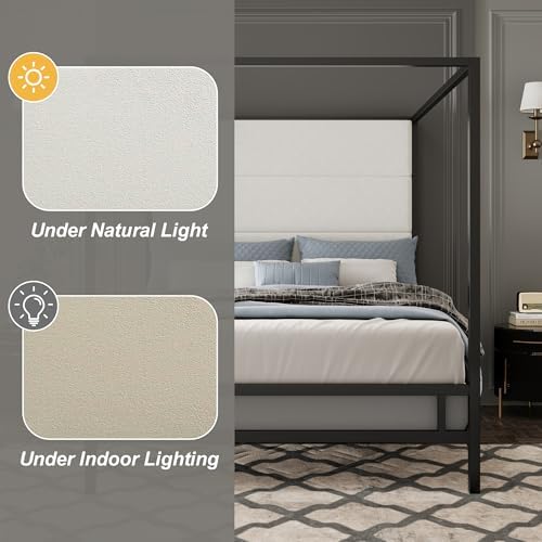 Merax King Size Black Metal Canopy Bed Frame, 76.5" Tall Velvet Upholstered Headboard, 4-Poster Bed with 800 lbs Capacity, Box Spring Required for Master Bedroom, Black+White