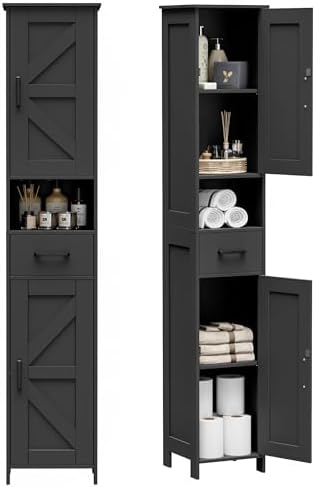 Homhedy 67" H Tall Bathroom Storage Cabinet with Barn Doors and Drawer | Narrow Storage Unit with Adjustable Shelves, Floor Cabinet for Bathroom, Living Room, Entryway or Kitchen, Black, 11.8" W