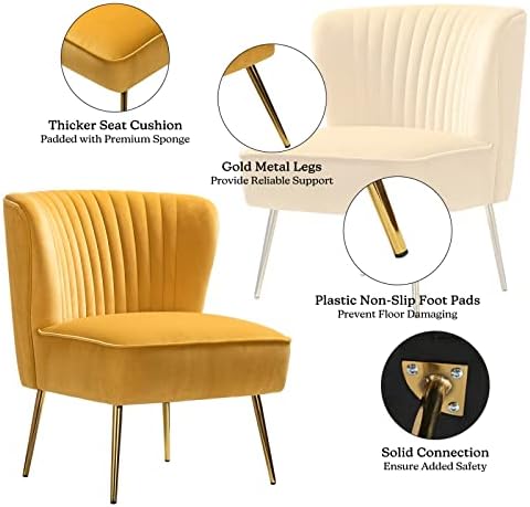 HULALA HOME Velvet Accent Chair, Modern Upholstered Cute Side Chair with Gold Metal Legs, Armless Wingback Slipper Chair Comfy Living Room Chair for Bedroom Guest Room Vanity,Mustard