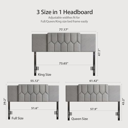 Upholstered Tufted Headboard, 3 in 1 Headboard for Full/Queen/King Size Bed, Height & Width Adjustable Head Boards, Attach Frame, Study & Comfortable, Ideal for Bedroom, Dorm, Guest Room, Grey