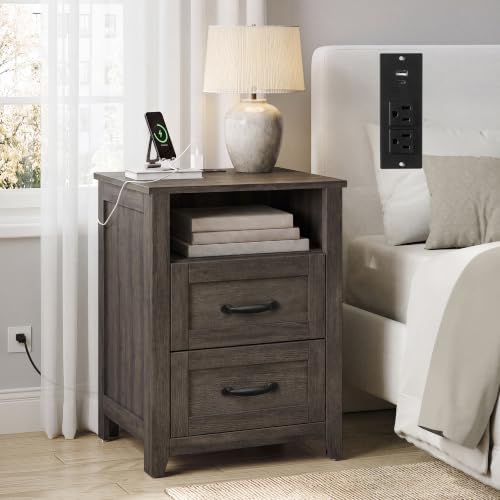 VASAGLE Farmhouse Nightstand with Charging Station, 2 Drawers