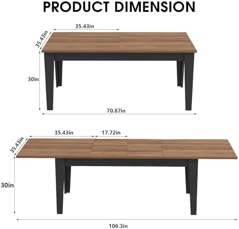 71" to 106" Expandable Dining Table, Modern Large Table for 6-10 People, Space-Saving Extendable Kitchen & Office Table, Brown and Black