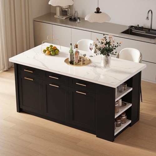 homary 72" Modern Kitchen Island with Storage, White Marble-Effect Engineered Wood Top, Modern Kitchen Table for Dining Room, Black & White