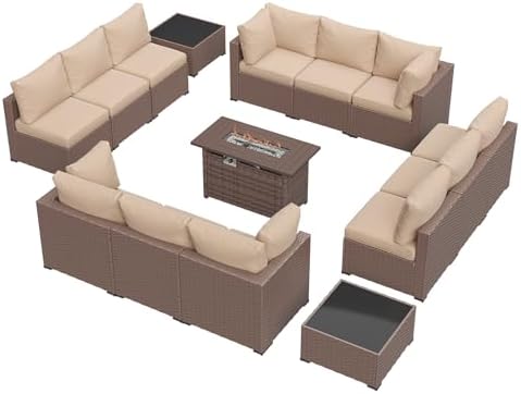 Aoxun 15 Piece Patio Furniture Set with 44” Fire Pit Table, Wicker Rattan Patio Sectional Sofa, Outdoor Furniture Set with Thickened Cushion, Brown
