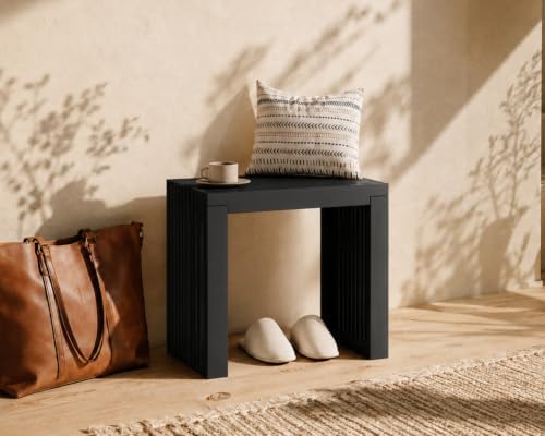 Bamboo Dining Bench, 18'' Slatted Design Entryway Bench, Black
