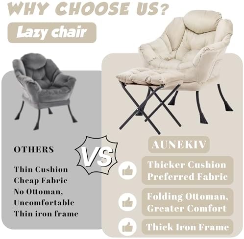 Lazy Chair with Ottoman, Comfy Reading Chair, Ivory