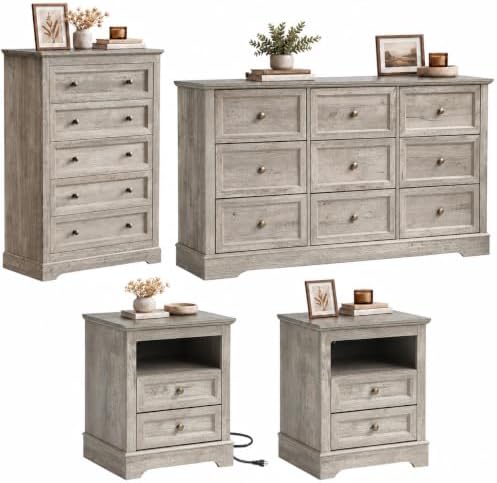 LOUVIXA Farmhouse Bedroom Sets of 4, Including 9 Drawer Dresser, 5 Drawer Dressers and Nightstand Set of 2 with Charging Station (Grey Sets, 4 Pieces)