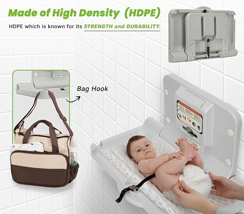 Alpine Wall Mounted Baby Changing Station - Horizontal Baby Changing Table Foldable Diaper Tables with Safety Strap for Commercial Bathroom, ADA Complaint (Hardware Included) White Gray