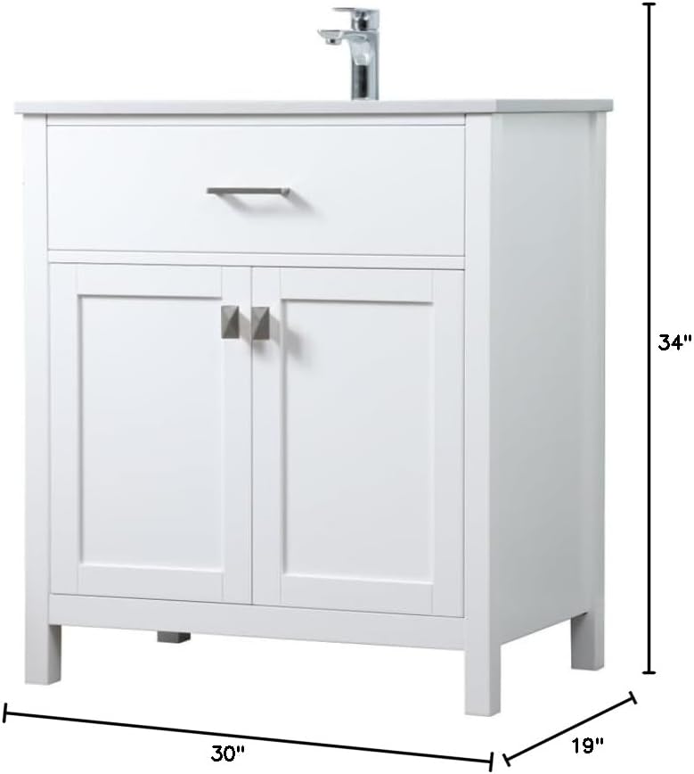30" Pre-Assembled Bathroom Vanity with Sink, Engineered Wood, Calacatta White Engineered Marble Countertop Attached, Single Rectangle Porcelain Sink, White