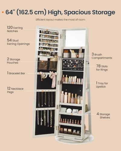 SONGMICS HOME Standing Jewelry Cabinet, Full Length Mirror with Storage | Swivel Jewelry Armoire, Lockable Rotating Organizer, Rear Storage Shelves, Bedroom Organization, White UJJC006W01SH