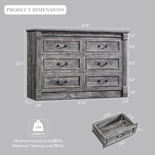 Aitjunz Farmhouse 47'' Wide 6 Drawer Dressers for Bedroom, Light Grey