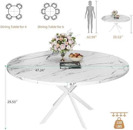 47.24" Round Dining Table for 4-6 Person, Round Kitchen Table with Wood Top, Circle Dinner Pedestal Tables with Metal Legs for Dining Room Kitchen (White Marble)