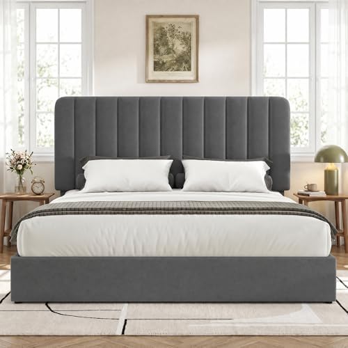 VECELO Queen Size Upholstered Bed Frame with 4 Drawers and Headboard, Velvet Platform Storage Bedframe, Wooden Slats Support, No Box Spring Needed,Dark Grey