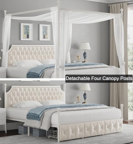 Keyluv King Upholstered Canopy Bed Frame with 3 Storage Drawers & Button Tufted Headboard, Metal Platform Bed with 4 Removable Posts, Two-Purpose Velvet Bed, Beige/Curtain Not Included