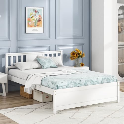 GIANTEX Full Size Solid Wood Platform Bed Frame, Mid Century Full Bed Frame with Headboard, Wood Slat Support, Double Panel Bed, No Box Spring Needed, Easy Assembly, White