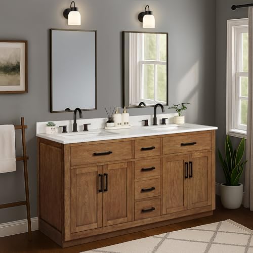 60-inch Dark Walnut Bathroom Vanity with 2 Sinks, Solid Wood, 0.79-inch Stone Countertop and Backsplash, 6 Drawers, 4 Soft Closing Doors