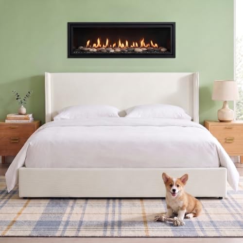 King Bed Frame with Storage Drawers, Corduroy Bed with Headboard, Cream