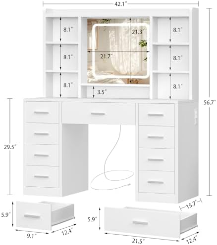 FIONESO Vanity Desk with Mirror, LED Lights and Power Outlet Makeup Vanity Table with 9 Drawers and 7 Storage Shelves Dressing Table for Bedroom Dressing Room (White)
