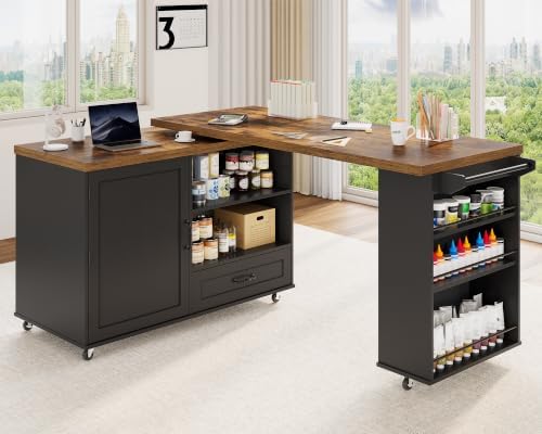 RALGEND Rolling Kitchen Island with 360° Swivel Tabletop, Large Kitchen Island Table with Power Outlet, Mobile Kitchen Island Cart with Storage Cabinets for Kitchen & Office, Black and Rustic Brown